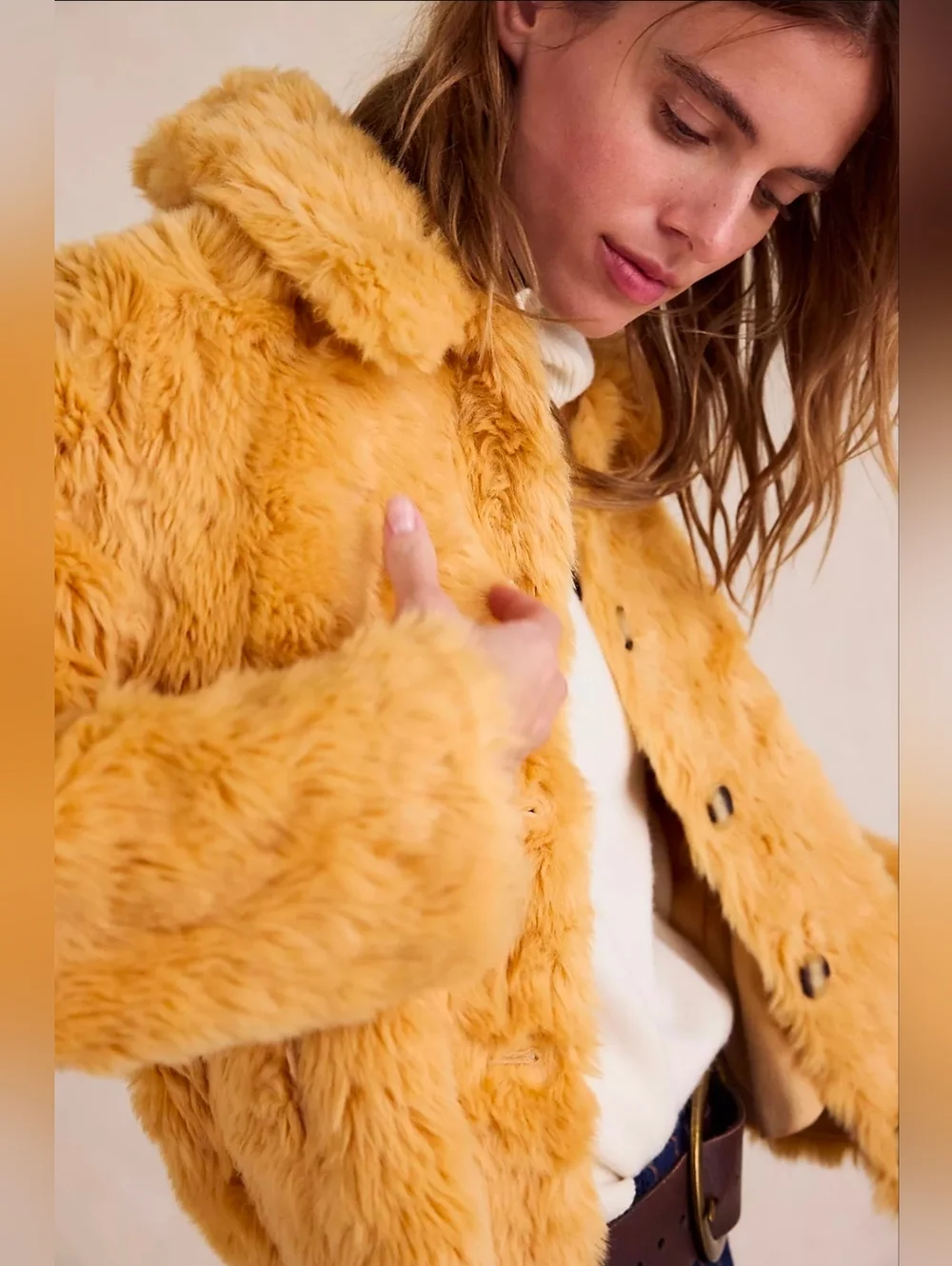 Free People Faux Fur Jacket In Apricot Yellow - Picture 4 of 6